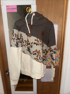 Wanakome Men's Turtleneck Pullover - Brown/Cream/Tan Camo Panel